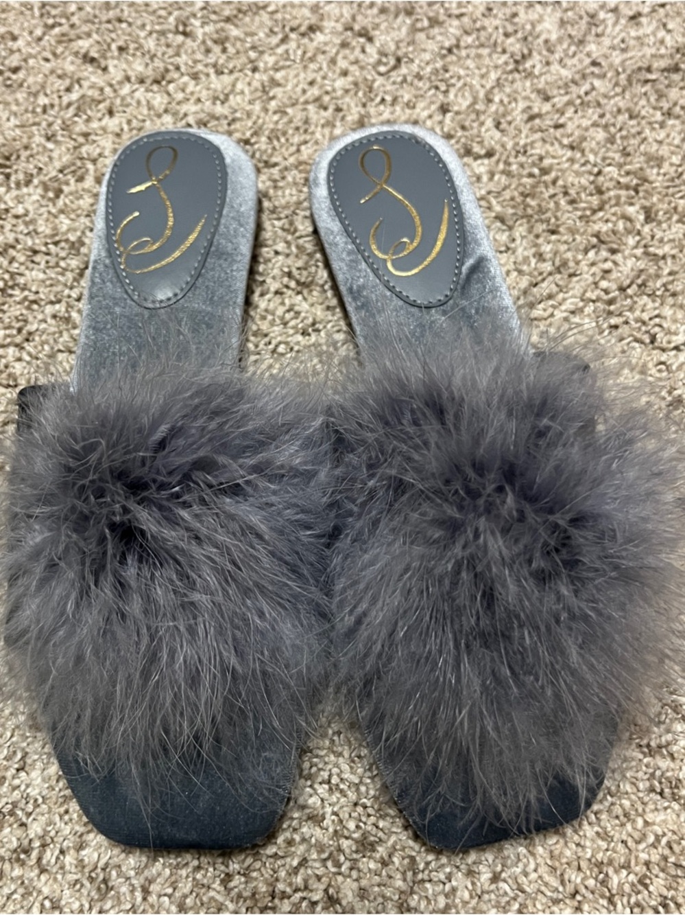 Sam Edelman Francie Grey Velvet Feather Slippers